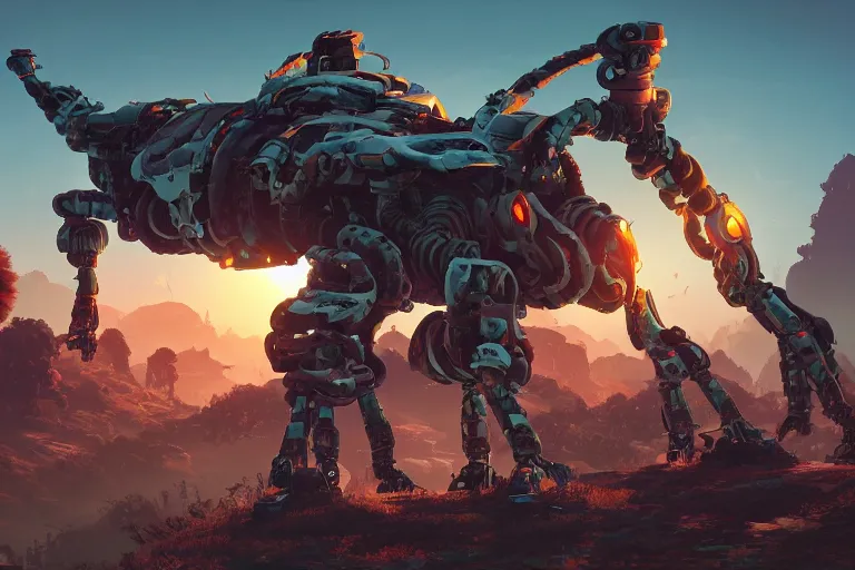 Image similar to shell - walker machine mecanical creature robot of horizon forbidden west horizon zero dawn radiating a glowing aura global illumination ray tracing hdr fanart arstation by ian pesty and alena aenami artworks in 4 k