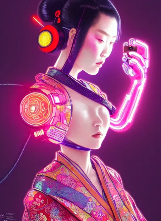 Image similar to portrait of female japanese android in elaborate kimono dress, wearing a vr headgear, hologram hovering around her, intricate detail, cyber neon lighting, highly detailed, digital photography, artstation, glamor pose, concept art, art by artgerm and greg rutkowski, pinterest, artstation,