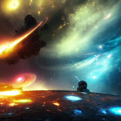 Prompt: a cosmic battlefield, epic, heroic, galaxies, nebulas, stars, digital art, 8K octane render