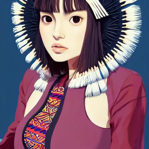 Image similar to a beautiful young japanese natalie portman alluring gravure model, stylized concept art, wearing elegant designer bomber jacket and one piece bikini, bomber jacket with mesoamerican patterns, mesoamerican native street fashion, princess mononoke, painted by ilya kuvshinov aesthetic, gorgeous, stunning, alluring, attractive, artstation, pinterest, digital art