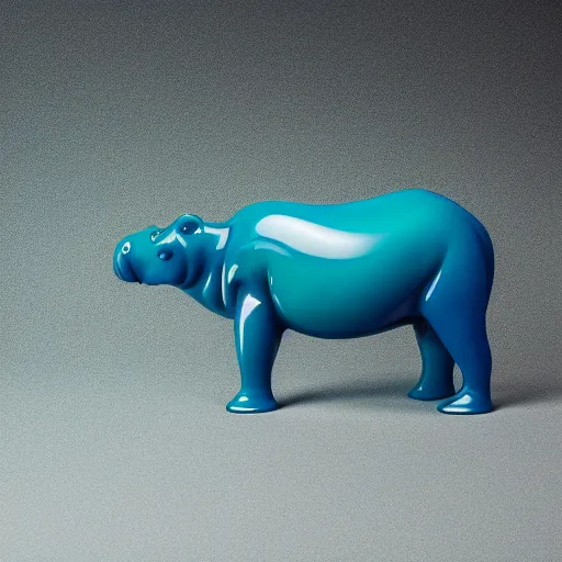 Image similar to a smooth glossy museum - quality hippopotamus made of polished wood and teal blue ceramic, hd photograph, matte gray background