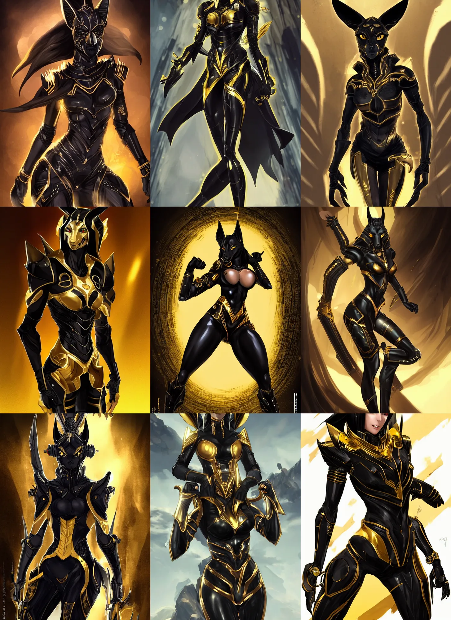 Prompt: female anthromoporphic black jackal anubis wearing black and gold cybertech armor. buxom, wide hips, character design by charlie bowater, ross tran, artgerm, and makoto shinkai, detailed, inked, western comic book art