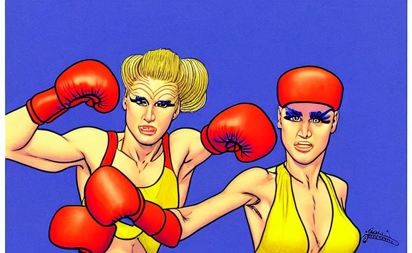 Prompt: boxing girl and drag queen by jean giraud