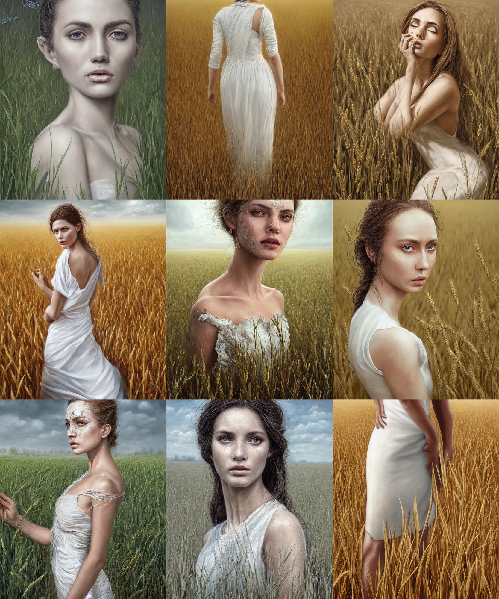 Prompt: Hyper realistic detailed painting of a Paludnitsa! (in a lush wheat crop). Perfect face, beautiful!, white dress, menacing!, melancholic!!, dreamlike, highly detailed, sharp focus, digital painting, art by Eddie Mendoza, detailed and intricate environment, highly detailed, award winning art.