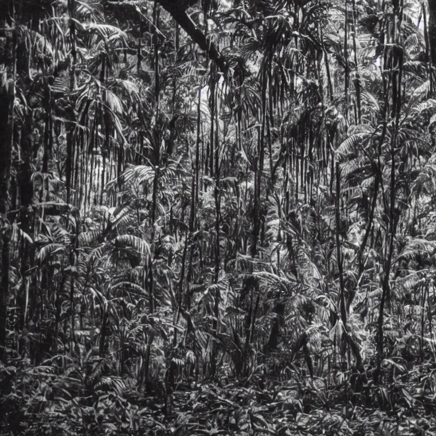 Image similar to a lost film footage from an object used by an indigenous tribe in the tropical forest, film still, cinematic, out of focus, enhanced, 1 9 2 0 s, black and white, grain