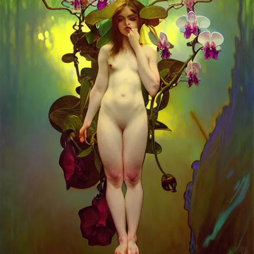 Image similar to surreal orchid hybrid, bright diffuse lighting, art by collier, albert aublet, krenz cushart, artem demura, alphonse mucha