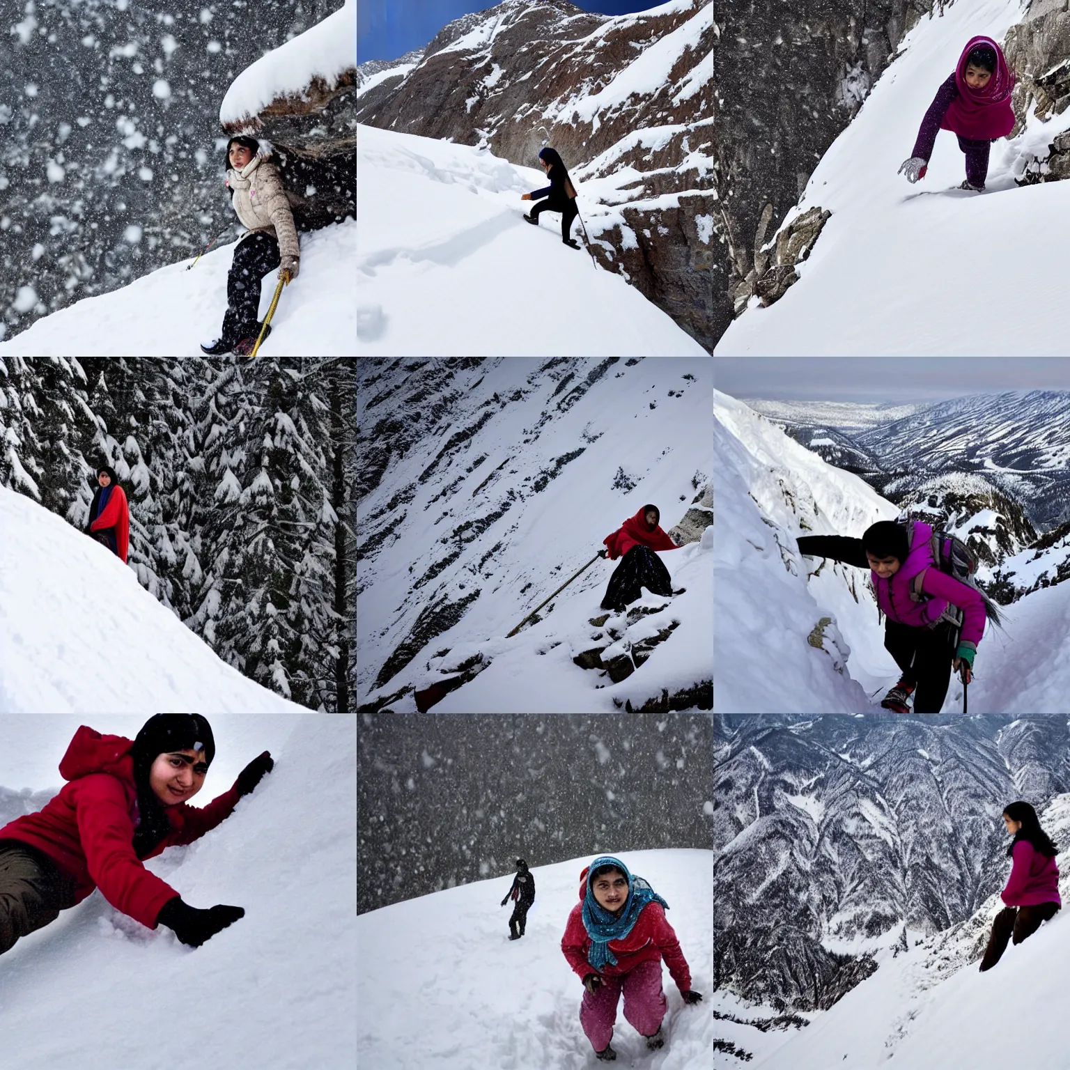 Prompt: malala yousafzai climbing up the side of a snow covered mountain, a photo by bikash bhattacharjee, shutterstock contest winner, stuckism, associated press photo, sense of awe, creative commons attribution