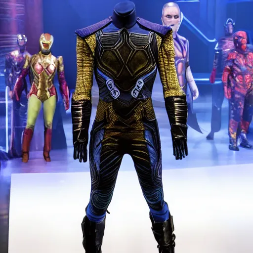 Image similar to costumes by Julie Taymor for Avengers: Infinity War the musical on broadway, production photos