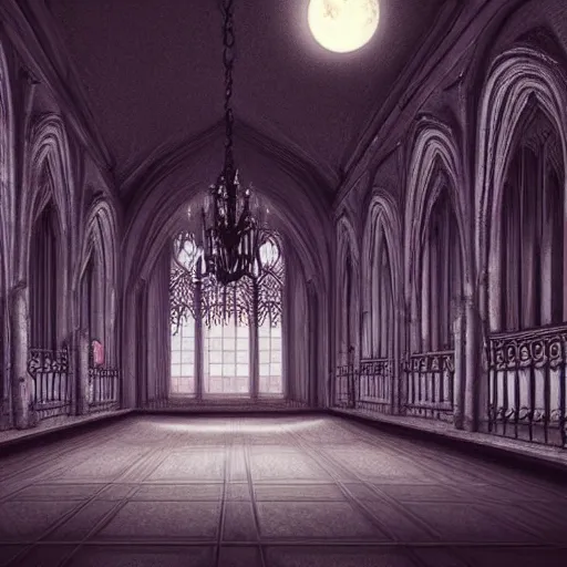 Prompt: large gothic hall with large chandeliers under the ceiling, horror movie, moonlight, artstation, detailed, city pop aestetics