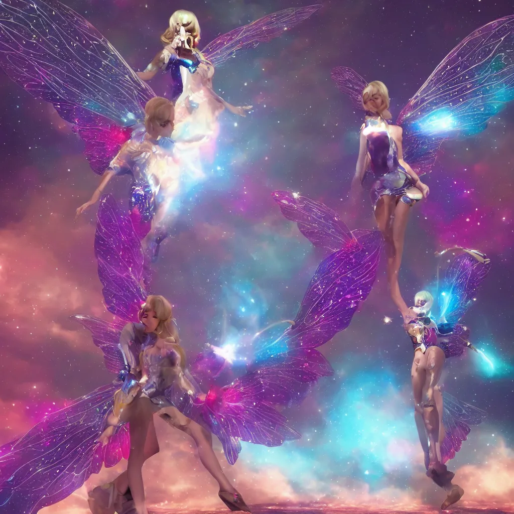 Image similar to a single 60s retro space cosmic fairy with huge fantasy wings and advanced spacesuit, unreal engine, artstation