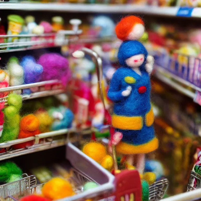 Image similar to needle felted person paying for the supermarket, highly detailed, tilt shift, cute, hyperrealism, highly textured, god rays