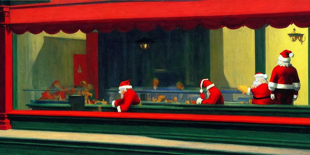 Image similar to santa claus in the painting nighthawks by edward hopper with