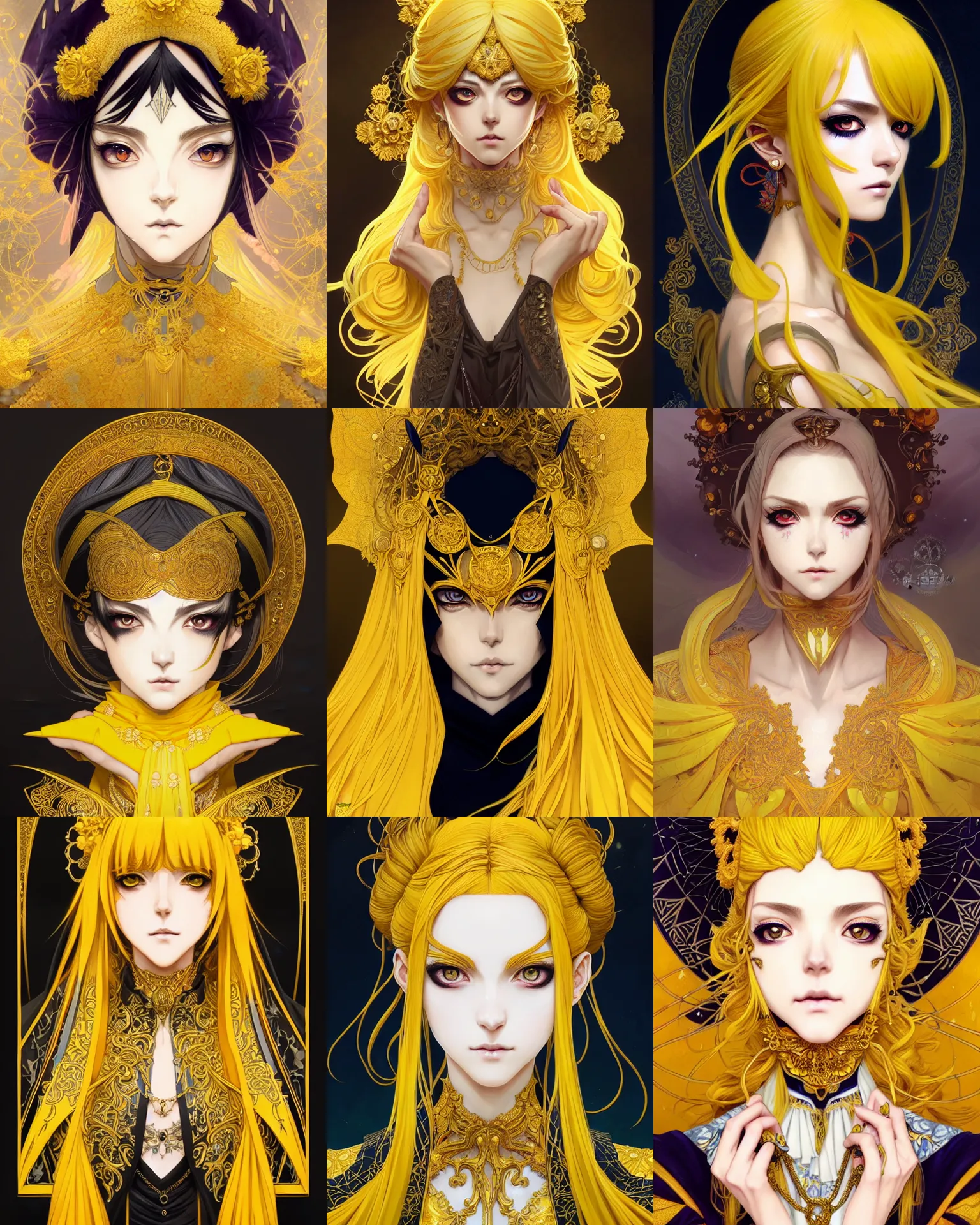 Prompt: symmetry!!!!!! beautiful anime yellow witch close portrait, wearing ornate clothing, ultra detailed, elegant, soft, expressive real eyes, anime, dynamic lighting, digital art, digital painting, artstation, wlop, sharp focus, illustration, art by artgerm and greg rutkowski and alphonse mucha, 8 k