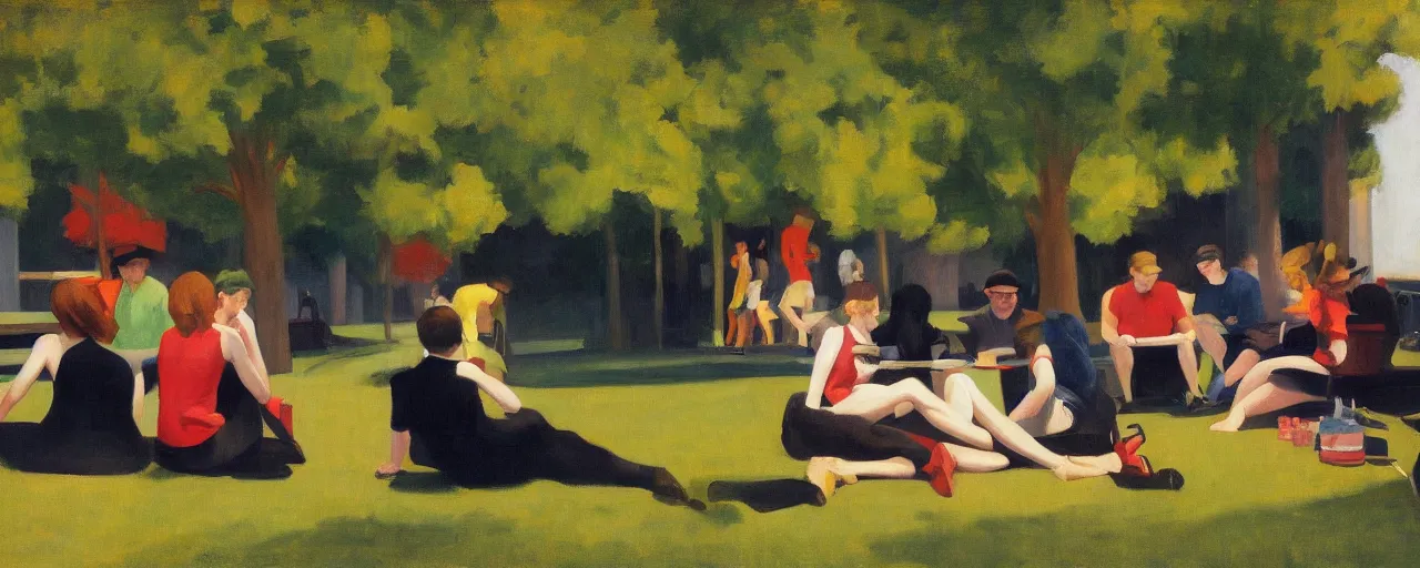 Image similar to an edward hopper style painting of a young generation z group of friends drinking in a park on sundah