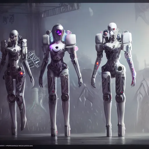 Image similar to female white robots with heart organ, dressed in iwhite ntricate gothic futuristic veils and jewels, epic environment, matte painting, diffused lighting, highly detailed, cinematic, epic atmosphere, digital art, trending on artstation, wide angle