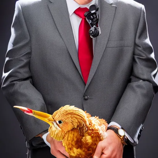 Image similar to a high quality photo of a chicken wearing a suit, 8k, Greg Rutkowsky