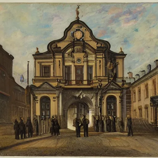 Prompt: by william henry hunt ornamented. the experimental art of a police station in the lithuanian city of vilnius. in the foreground, a group of policemen are standing in front of the building, while in the background a busy street can be seen.