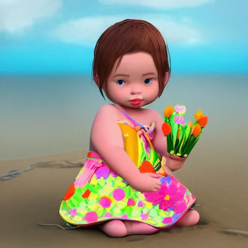 Image similar to spectacular scene of a little fat sweet girl with flowery dress, sitting on the sand, with a colorful fish, by the stormy lake. clear beautiful fat face. morning time. an amazingly beautiful scene. beautiful lighting, 4 k post - processing, trending in art station, cg society, highly detailed, 5 k extremely detailed, 3 d. stylize scene.