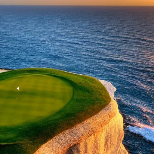 Image similar to a great photo from ground level of the most amazing golf hole in the world, cliffs by the sea, perfect green fairway, ambient light, golden hour