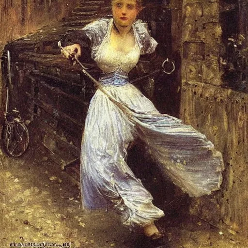 Image similar to young victorian woman escaping a dungeon, by alfred stevens