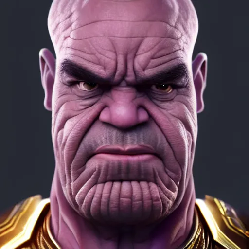 Image similar to a portrait of abdelfattah elsisi as thanos, the pixar adaptation, with same hairstyle, angry facial expressions, hyper detailed, digital art, trending in artstation, cinematic lighting, studio quality, smooth render, unreal engine 5 rendered, octane rendered