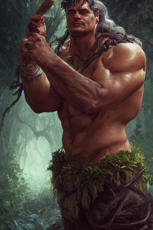 Image similar to portrait of viktor orban as a hulking herculean demon, forest, godlike, full body, fantasy, intricate, elegant, highly detailed, digital painting, artstation, concept art, sharp focus, illustration, art by artgerm and greg rutkowski and alphonse mucha