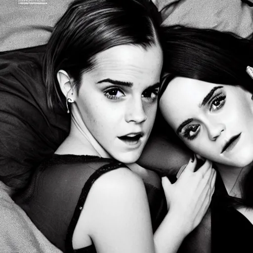 Prompt: emma watson and katy perry photo in the style of sam haskins, on the bed