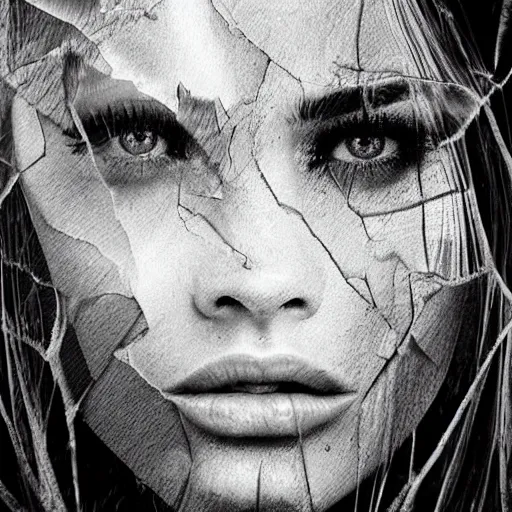 Prompt: double - exposure effect of megan fox face as beautiful mountains, in the style of dan mountford, amazing detail, black and white