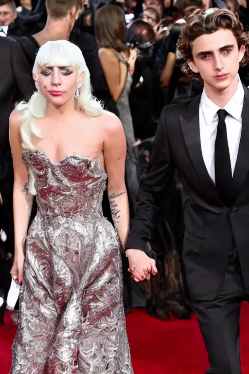 Image similar to timothee chalamet and lady gaga holding hands on the red carpet, beautiful detailed faces