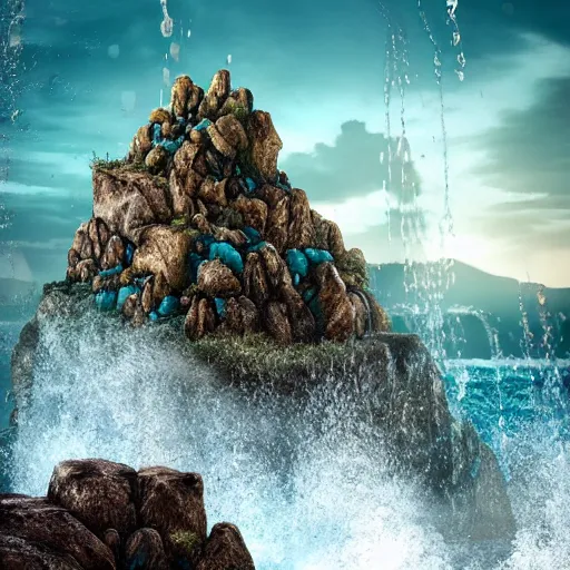 Image similar to a closeup photorealistic photograph of a rock tower with water drops, fantastic four theme.. bright scene. fine detail. this 4 k hd image is trending on artstation, featured on behance, well - rendered, extra crisp, features intricate detail, epic composition and the style of unreal engine.