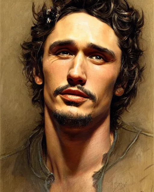 Prompt: beautiful realistic artistic detailed portrai of james franco by gaston bussiere, donato giancola