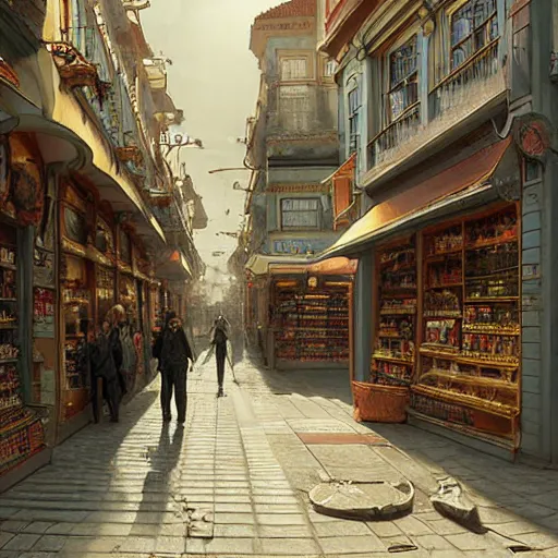 Prompt: A fantasycore of a convenience store with photograph of 2022 portugal lisbon on the street of a very highly detailed logital eldritch city matte painting art by Greg Rutkowski, a 12x(very) much logical detailed Dimensional cyan gold natural light, highly logical and striking detailed architecture by alphonse mucha