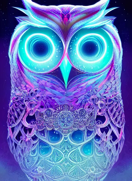 Image similar to symmetry!! product render poster vivid colors divine proportion owl, ice and snow, glowing fog intricate, elegant, highly detailed, digital painting, artstation, concept art, smooth, sharp focus, illustration,