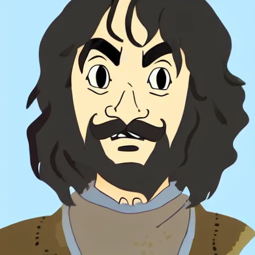 Image similar to precisely drawn illustration of inigo montoya drawn in the style of studio ghibli, full color, anime, manga style