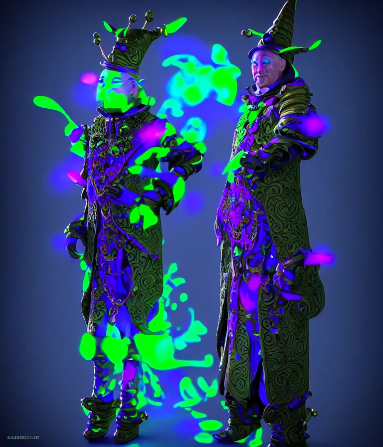 Prompt: front!!! shot of a court jester!!! character, hyperdimensional, bioluminescent hypercubes, dark holography!!!, future, chrome, (((intricate))), ((octane render, nvidia raytracing demo)), elegant, highly detailed, centered, (((artstation, concept art, smooth, sharp focus, artgerm, Tomasz Alen Kopera, Peter Mohrbacher, donato giancola, Joseph Christian Leyendecker, WLOP, Boris Vallejo))), mugshot!!!!!, ugly!!!!!!, octane render, nvidia raytracing demo, octane render, nvidia raytracing demo, octane render, nvidia raytracing demo, grainy, muted, 8K, digitalblasphemy, metatron