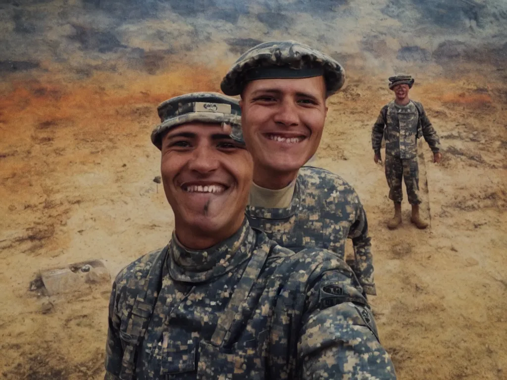 Prompt: a smiling soldier taking a selfie in front of fire, war scenery, surrealism aesthetic