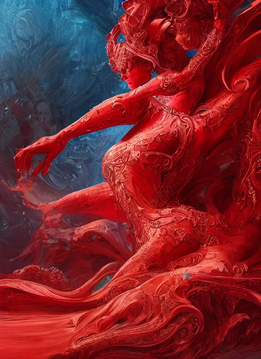 Image similar to woman in love sit upon a scarlet coloured beast, pain, royal dress, light effect, hyper detailed, intricate, atmospheric, elegant, highly detailed, digital painting, artstation, concept art, matte, sharp focus, illustration, by james jean, andrei riabovitchev, marc simonetti, yoshitaka amano