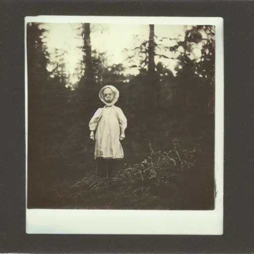 Image similar to Polaroid photo of Victorian child hovering in the clearing of a forest