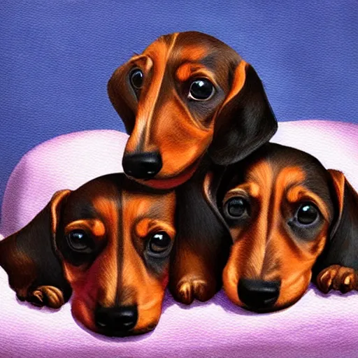 Image similar to color painting of dachshund puppies cuddling together