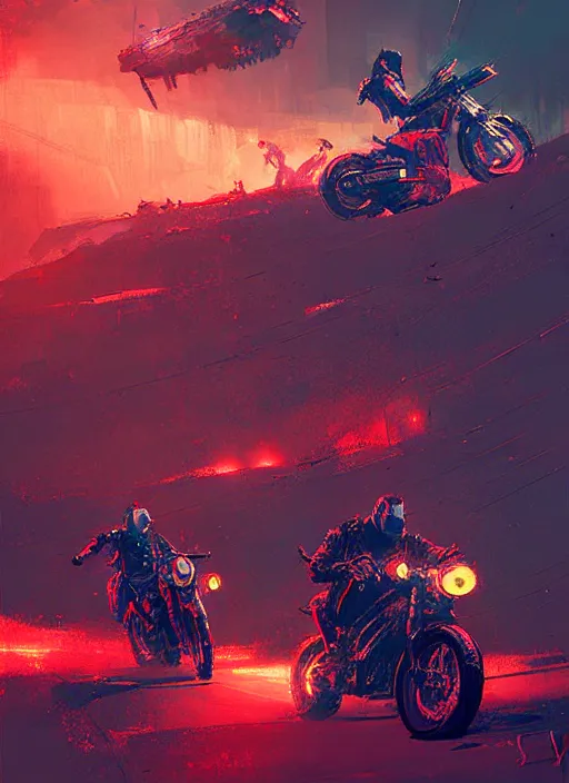 Prompt: sci - fi art, motorbikers race in hell, red peaks in the background, art by ismail inceoglu