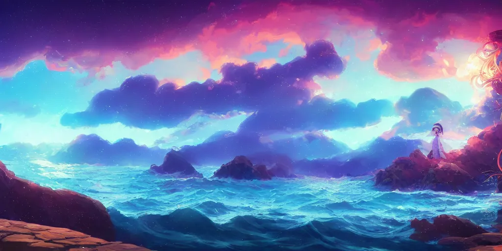 Image similar to a perfect illustration of stars and the sea, colorful and colorful, 4 k, japanese fairy tale fantasy style ， by andreas rocha tends to artstation, super wide angle, light effect