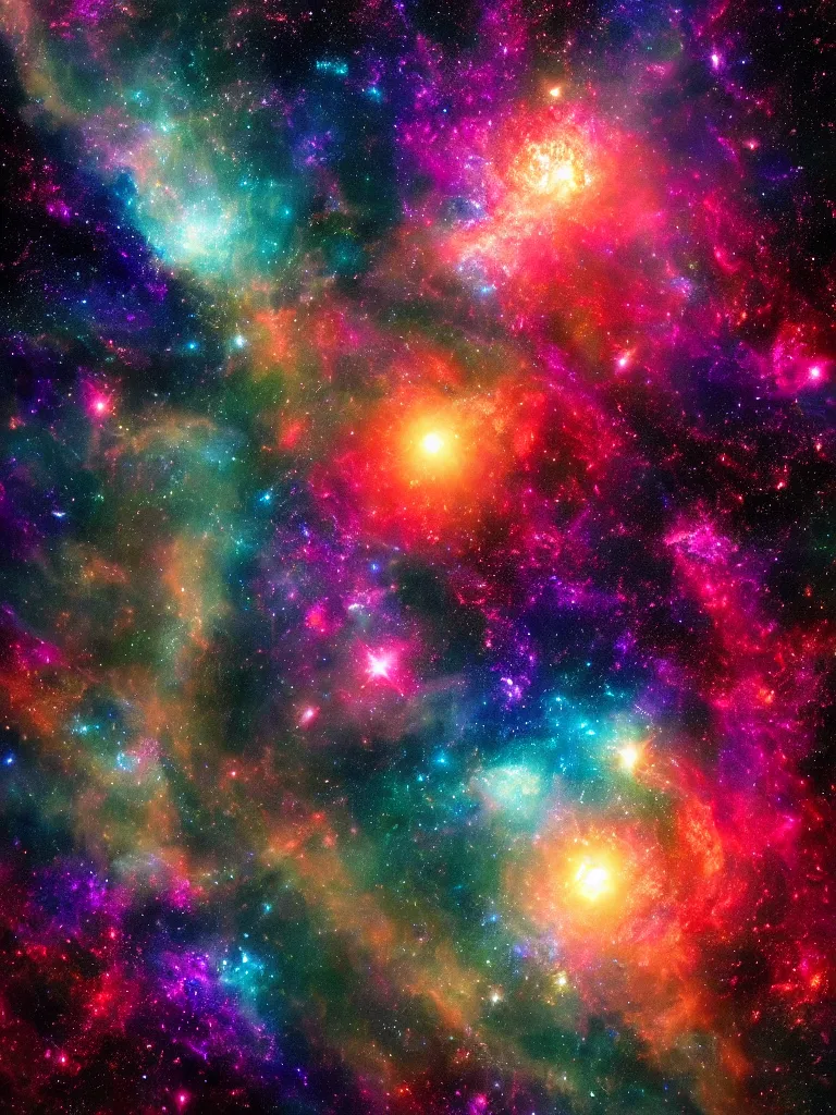 Prompt: celestial epic vibrant peculiar galaxy colored deepspace image of a sparkling ethereal cosmic universe, celestial features, nasa photos, artstation