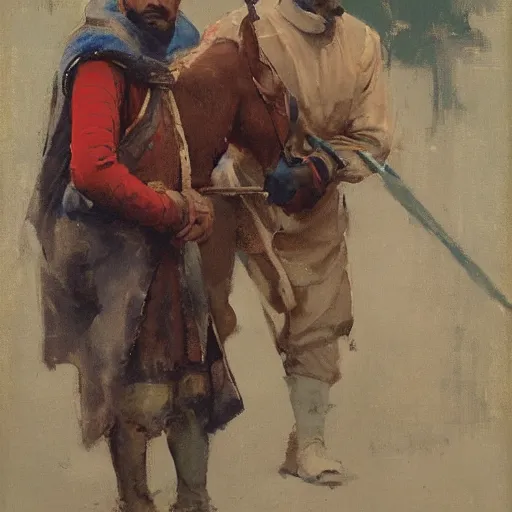 Prompt: portrait of man waring chinmail and gambeson, holding lance and sitting on horse wearing caparisons, medieval by greg manchess, bernie fuchs, walter everett, lost edges