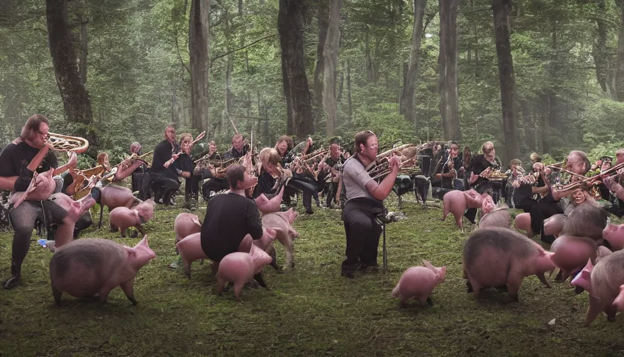 Image similar to a crowd of pigs playing orchestral instruments in a grindcore show in the middle of a liminal forest, realistic, 4 k,