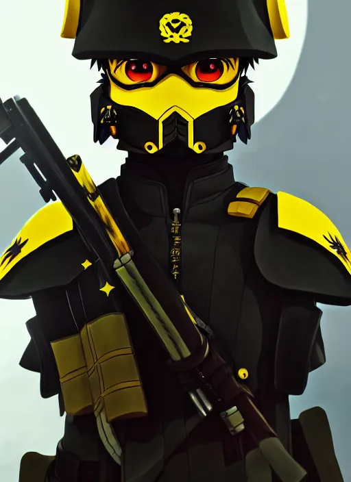 Image similar to anime portrait of a vicious helldiver scout soldier, black armor with yellow accents, closeup on face, ilya kuvshinov, anime, pixiv top monthly, trending on artstation, cinematic, danbooru, zerochan art, kyoto animation