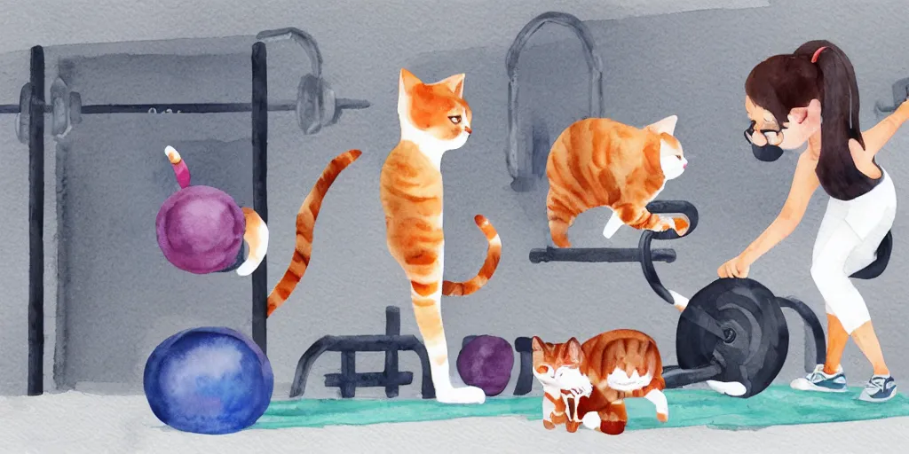 Image similar to watercolor illustration style, cute cat trainer training other cats in the fitness studio environment