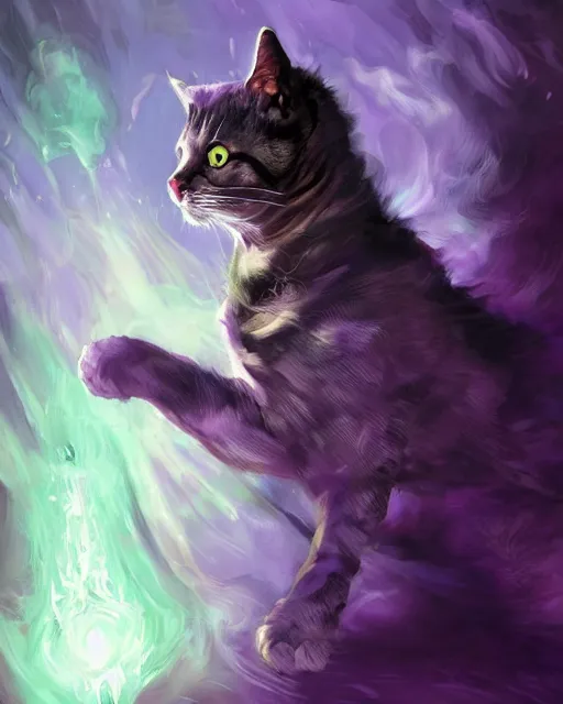 Image similar to Cat Illusionist, portrait, purple and blue, magic the gathering artwork, D&D, fantasy, cinematic lighting, centered, symmetrical, highly detailed, digital painting, artstation, concept art, smooth, sharp focus, illustration, volumetric lighting, epic Composition, 8k, art by Akihiko Yoshida and Greg Rutkowski and Craig Mullins, oil painting, cgsociety