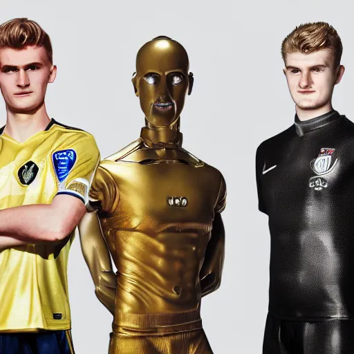 Image similar to a realistic detailed photo of a guy who is an attractive humanoid who is half robot and half humanoid, who is a male android, soccer players martin ødegaard & timo werner, shiny skin, posing like a statue, blank stare, in a living room, on display, showing off his muscles, gold soccer shorts, no jersey, statue, many copies of them