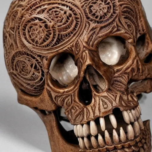 Image similar to intricately carved human skull, intricate ornament