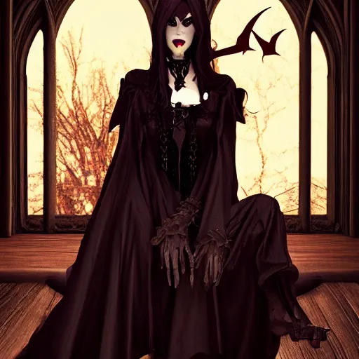 Image similar to gothic high vampire lady sitting in a gothic castle art, realistic, artstation, portrait, photorealism, high fantasy, 4k